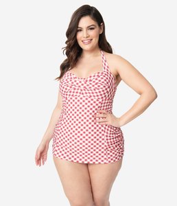 Unique Vintage Plus Size Red & White Gingham Corinne Halter Sheath Swimsuit £69.00 There is not a bad angle in this suit! It's a vintage (old school) classic (timeless). Way to bring Hollywood class to the pool or jacuzzi!